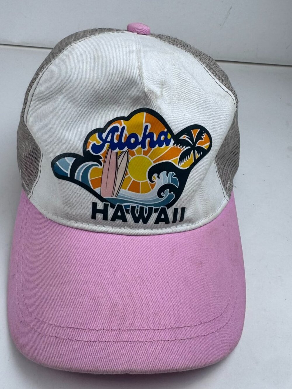 Island Crew Hawaii Aloha Surf Trucker Hat Cap Snapback Pink Mesh AS IS Stain